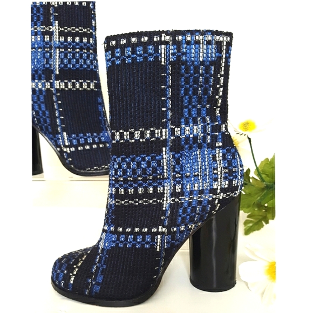 Aldo💙Blue Plaid-Patent Round Heels Boots/Booties